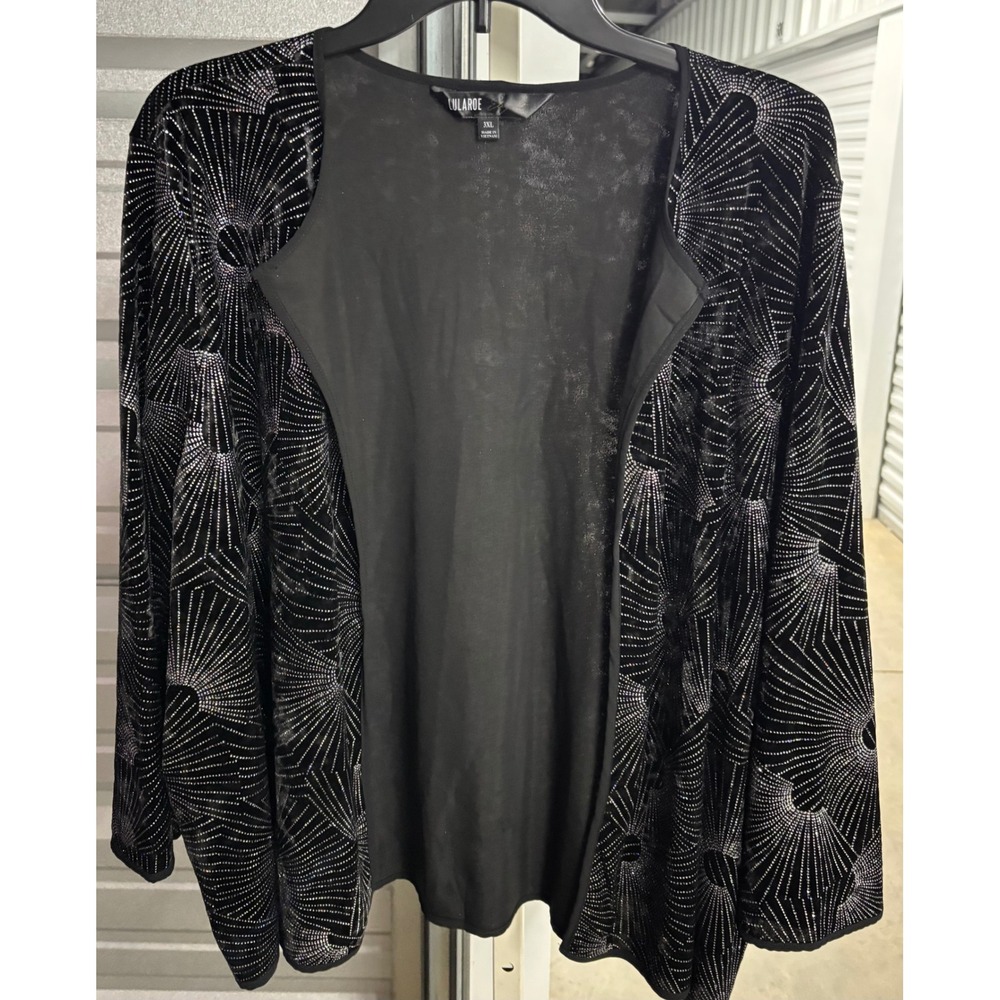 LuLaRoe Elegant Shirley Kimono Cardigan 3XL Black Velvet Silver Glitter Sunburst
